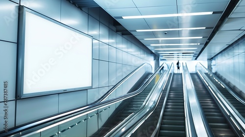 Mock up Poster media template Ads display in Subway station escalator : Generative AI