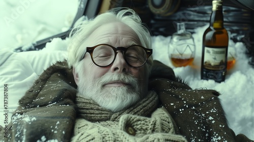 A bearded man with glasses rests in snow by a whiskey bottle