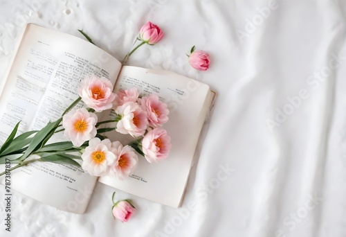 An open book surrounded by pink and white flowers on a white textured background