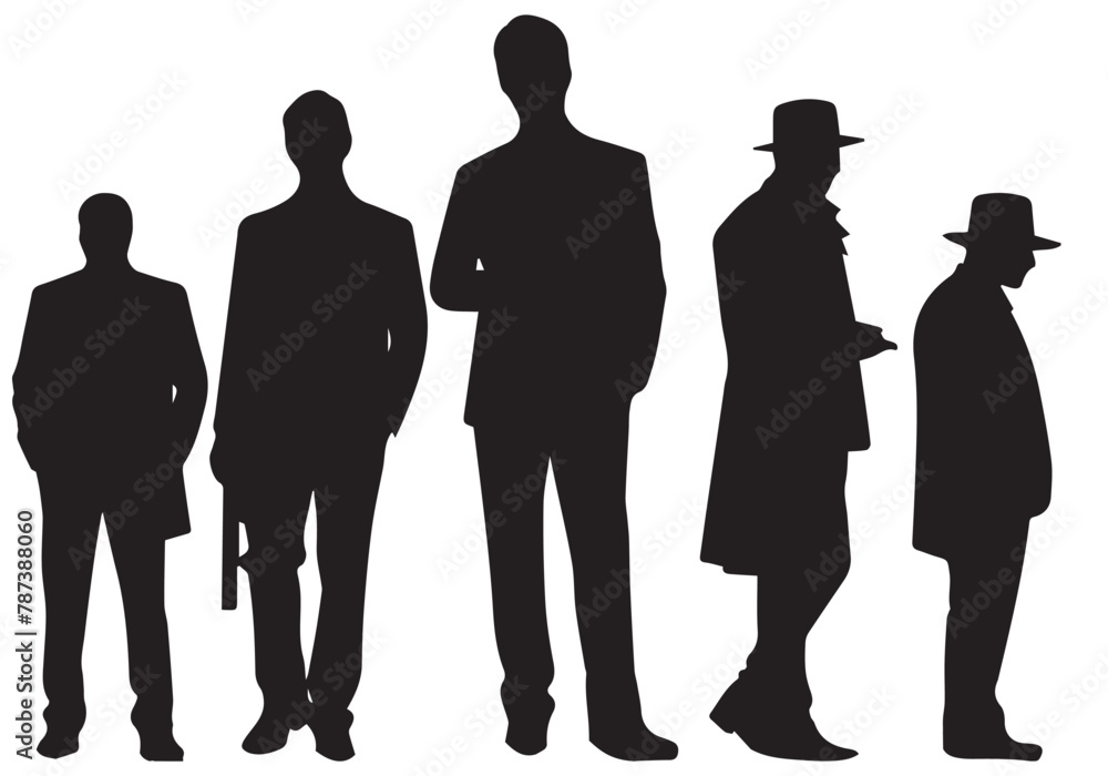 silhouette of a group of men walking on white background