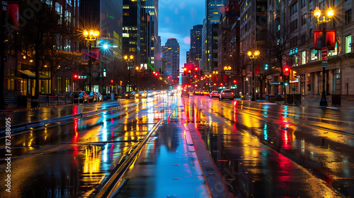 City Lights Reflecting On Rainy Street © YOGI C