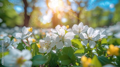 Field of White Flowers With Sun Background