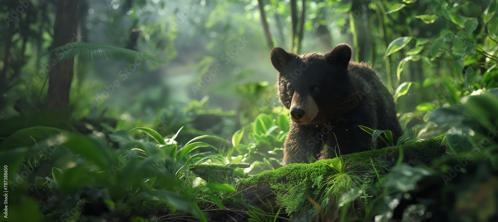 Obraz premium An intimate portrayal of a bear quietly observing its surroundings amidst the misty green foliage of the forest's morning light