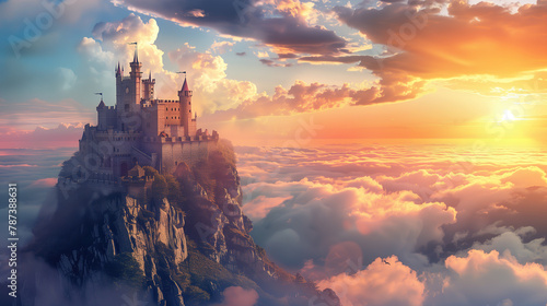 Beautiful fantasy landscape with castle during sunset photo