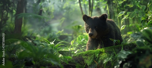 An intimate portrayal of a bear quietly observing its surroundings amidst the misty green foliage of the forest's morning light photo