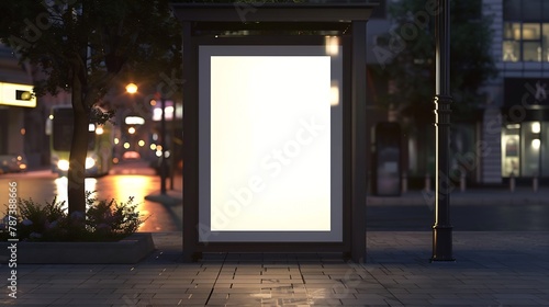 Mock up of blank bus stop vertical advertising light box at night : Generative AI
