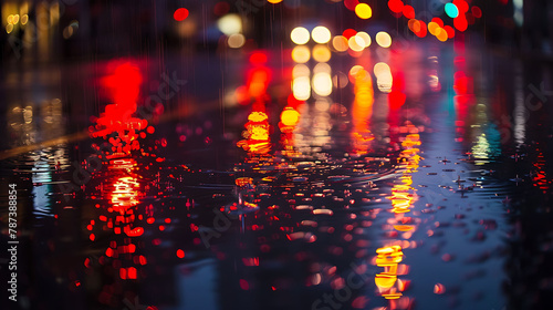 City Lights Reflecting On Rainy Street