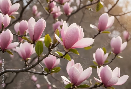 Close-up of pink magnolia flowers in bloom with leaves and branches  in natural daylight