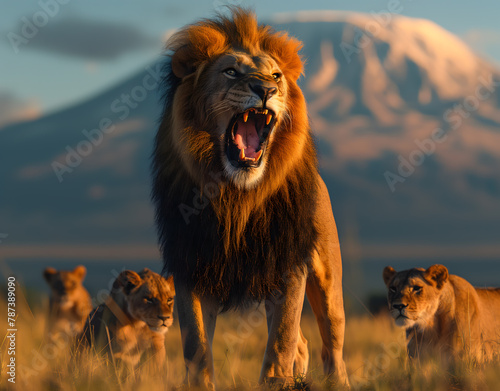 Majestic Lion Roaring on the Golden Savannah at Sunset