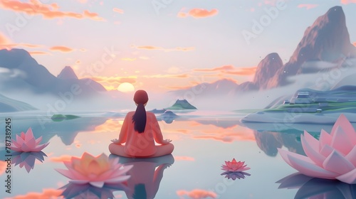 Tranquil Meditation Retreat Amid Serene Lakeside Landscape with Floating Lotus Flowers