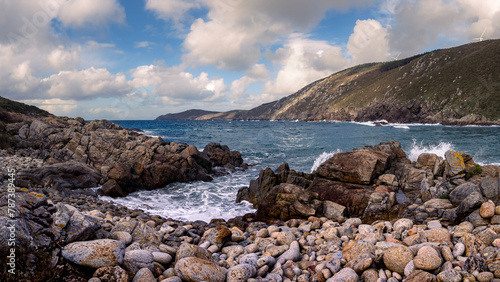 Panoramic photo of a stretch of the wild and rugged Coast of Death in Muxia, Galicia, Spain