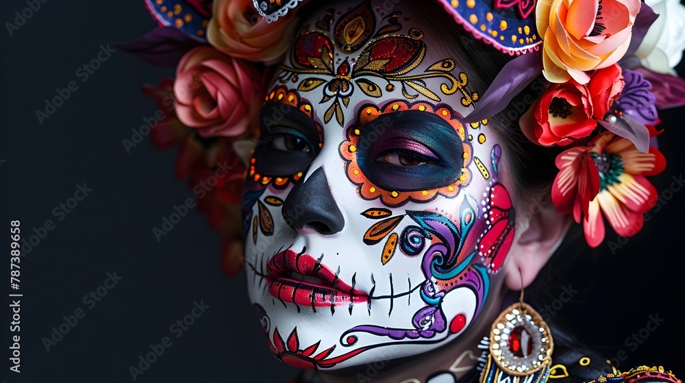 Whimsical Sugar Skull Makeup Display with Boldly Colored Designs and Delicate Decorative Details Against a Simple Black Backdrop