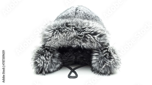 Ushanka Russia A fluffy, gray ushanka with the ear flaps tied up at the top, featuring faux fur for a cozy, warm appearance typical of Russian winter wear, isolated white background photo