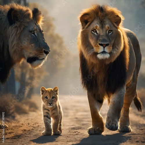 AI generated illustration of lions standing on a sunny road