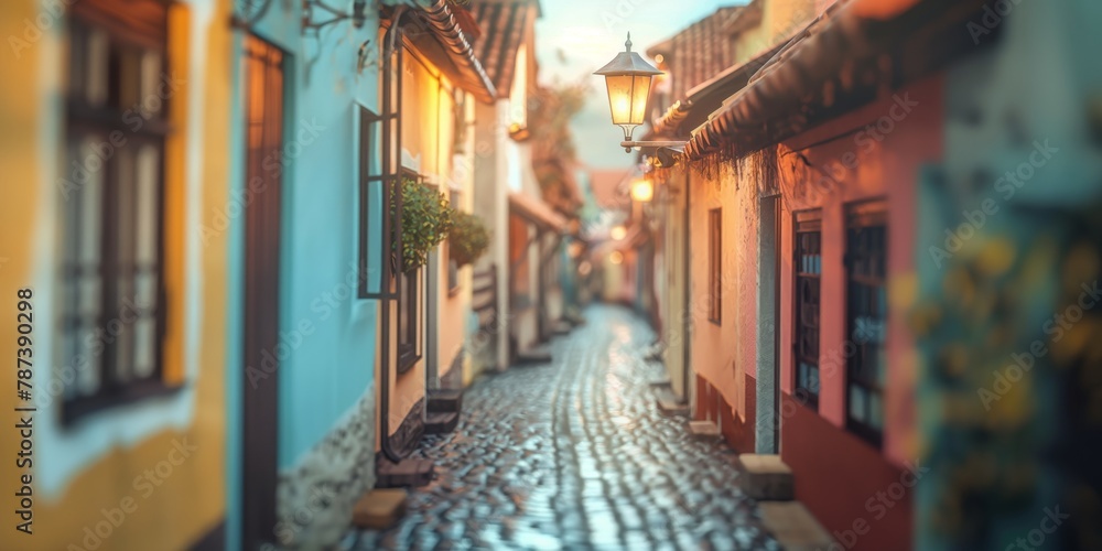 An enchanting view of a cobblestone alley lined by colorful houses with vintage style lamps illuminating the path