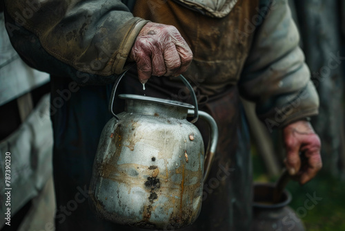 An elderly farmer transports a kettle filled with milk, embodying the essence of rural life © Emanuel