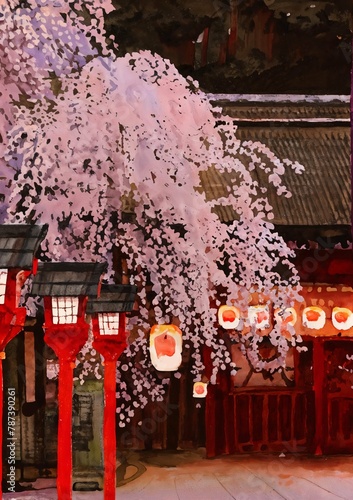 Traditional Japanese Lanterns with Cherry Blossoms in Watercolor

