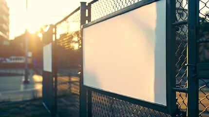 empty advertising white banner with mockup on iron fence on sport playground front view : Generative AI