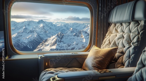 Luxury airplane cabin with a view of snow-capp photo