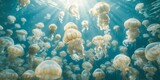 Soft-bodied jellyfish gently drift in the tranquil underwater world as sunlight filters through the ocean's surface