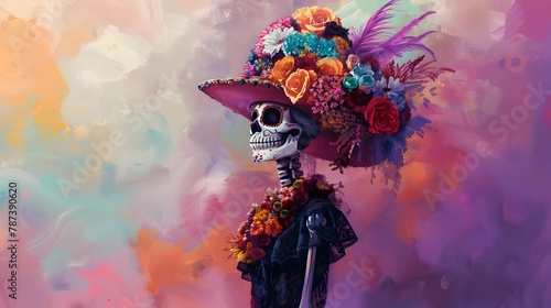 Stylized Depiction of La Catrina,the Iconic Skeleton Lady,Adorned in Elegant Finery and Floral Accents Against a Dreamy Pastel Background in a photo
