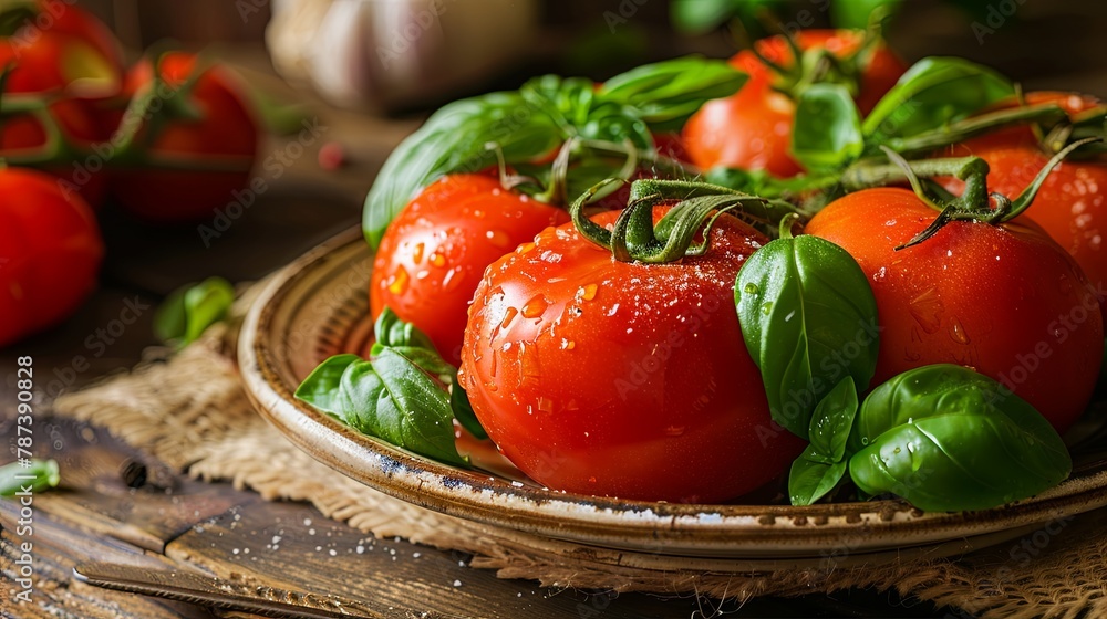 Fresh tomatoes and basil on rustic wooden table Fresh tomatoes and basil on rustic wooden table