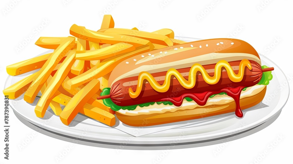 Classic hot dog with mustard and french fries on a plate Classic hot dog with mustard and french fries on a plate