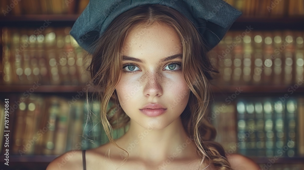 Young Woman Standing in Front of Bookshelf Young Woman Standing in Front of Bookshelf