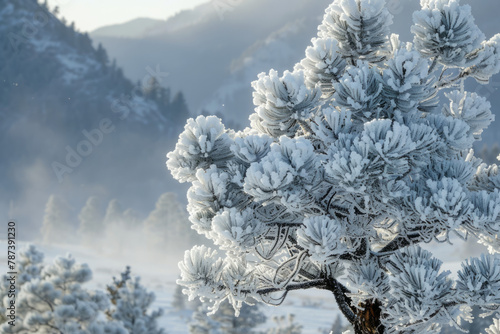 A pine tree beautifully adorned with frost, capturing the essence of a winter landscape
