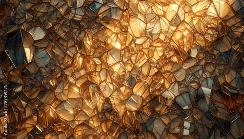 A luxurious mosaic texture background made of shattered glass pieces in various shades of gold and amber