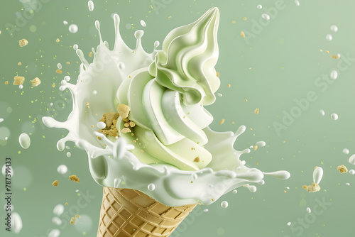 Waffle cone of sweet ice cream with pistachios and splashes of milk and syrup on a light background