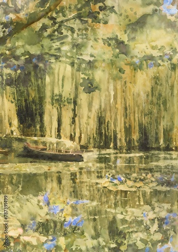 Impressionist Watercolor Painting of Tranquil Pond with Rowboat

