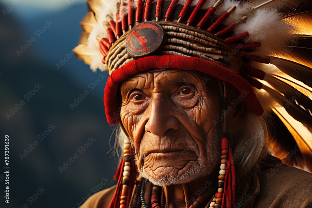 an american indian standing in the warm glow of a red sunset, with ample space for adding text