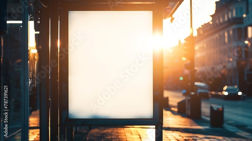 Blank white mock up of vertical light box in a bus stop in beautiful weather : Generative AI