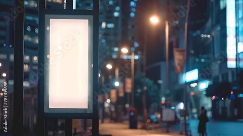 Blank mock up of vertical street poster billboard on city background Electronic modern empty scoreboard on the background of a city street in the evening copy space : Generative AI