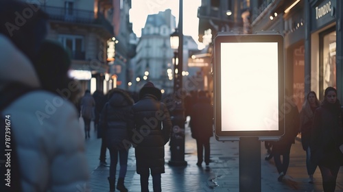 Blank white Mock up Banner Signboard stand Media outdoor with people walking City street Building : Generative AI