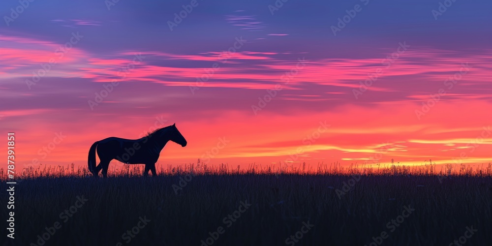 Majestic horse stands as a silhouette against a dramatically vibrant dusk sky in the countryside Majestic horse stands as a silhouette against a dramatically vibrant dusk sky in the countryside