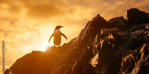 Lone penguin stands tall on a rugged cliff with the brilliant golden light of the sunset behind it