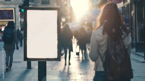 Mock up blank horizontal signboard advertising stand media outdoor with people walking city street building Empty space for advertising or announcement information : Generative AI photo