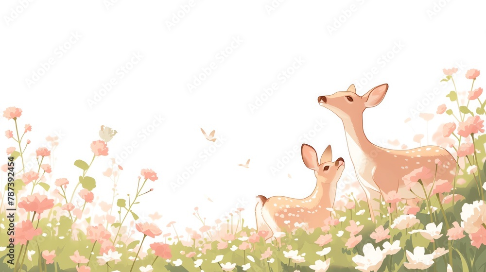 A gentle deer and her fawn crossing a misty meadow at dawn, soft greens and earth tones, very light watercolor,white background. A gentle deer and her fawn crossing a misty meadow at dawn, soft greens and earth tones, very light watercolor,white background.