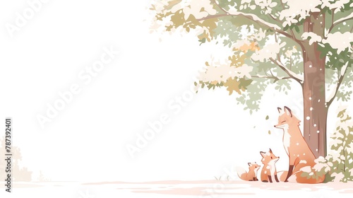 A family of foxes exploring a snowy landscape, icy blues and soft whites, soft watercolor,white background.