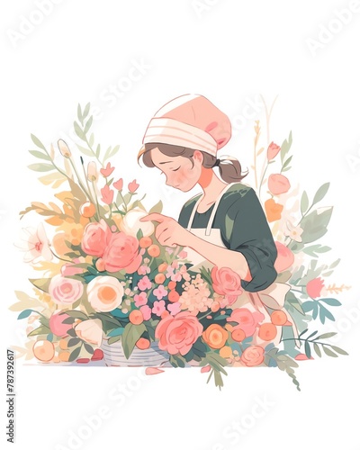 A minimalist outline of a florist arranging a bouquet  floral pinks and greens  light watercolor  white background
