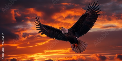 An imposing eagle soars with outstretched wings against a dramatic backdrop of a fiery orange and red sunset sky, symbolizing freedom © gunzexx png and bg