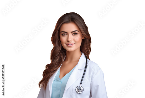 Young beautiful female doctor with stethoscope isolated on transparent background, PNG, cut out