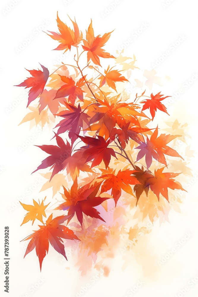 A rustic depiction of an autumn maple branch, fiery reds and oranges against a stark backdrop, vivid watercolor, white background, A rustic depiction of an autumn maple branch, fiery reds and oranges against a stark backdrop, vivid watercolor, white background,