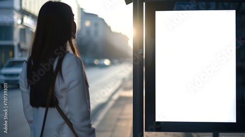 Woman standing near blank advertising lightbox on the bus stop mock up : Generative AI photo