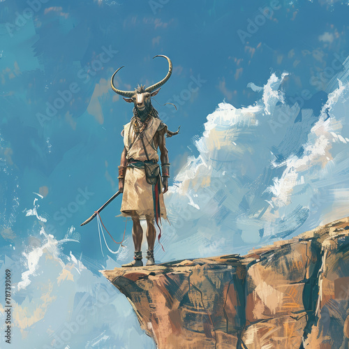 An adventurer bubal hertebeest in human form standing at the edge of a cliff