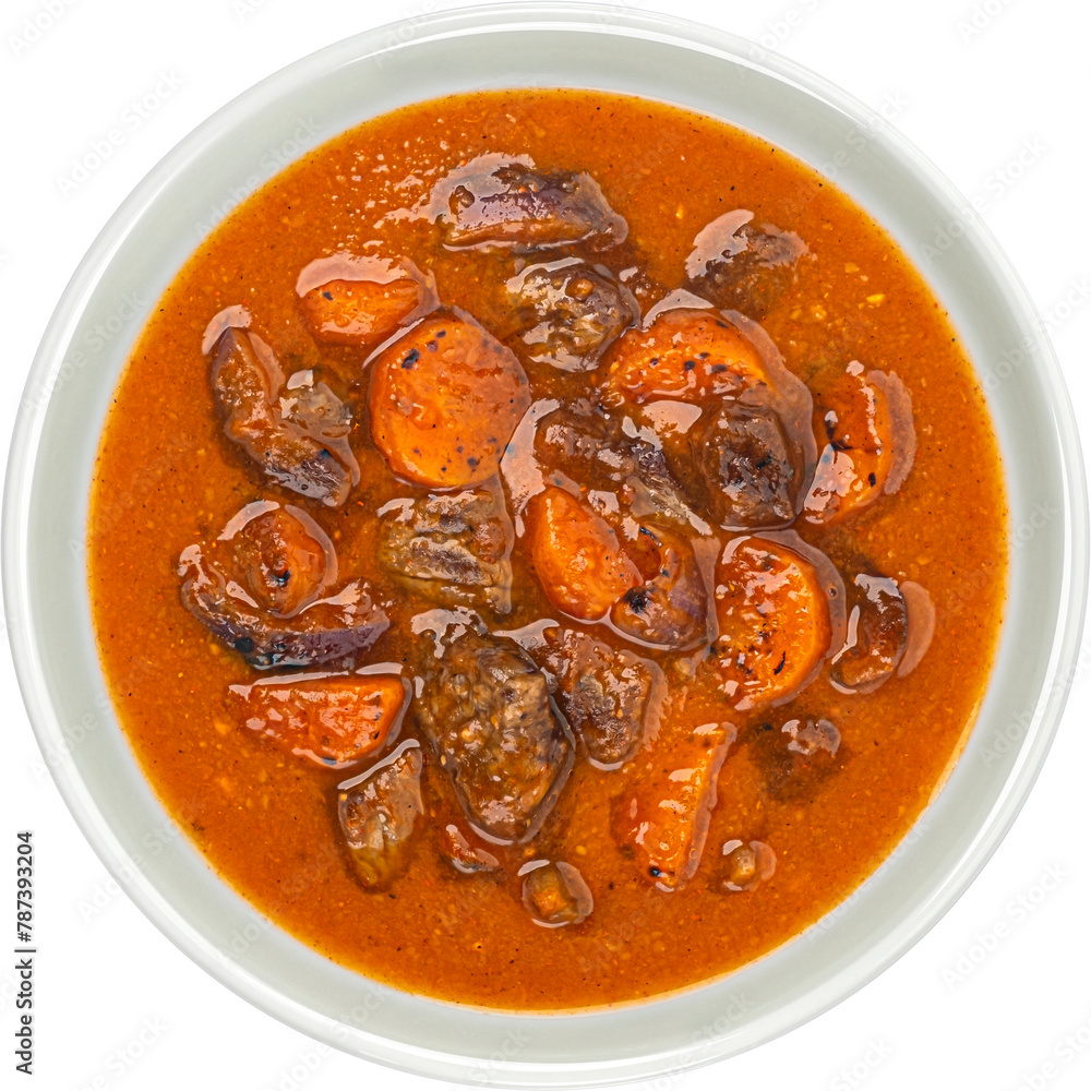 Beef stew with vegetables isolated on white background, top view Beef stew with vegetables isolated on white background, top view