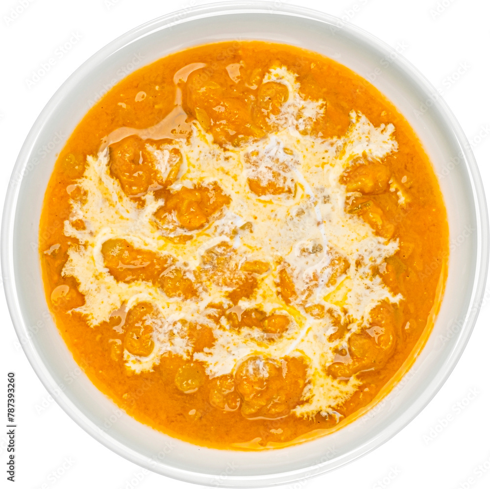 Spicy Thai cream soup with coconut milk, top view Spicy Thai cream soup with coconut milk, top view