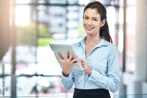 Office, portrait and woman with tablet, website review and online report on business opportunity article. Networking, confidence and happy businesswoman in lobby with digital app for email connection